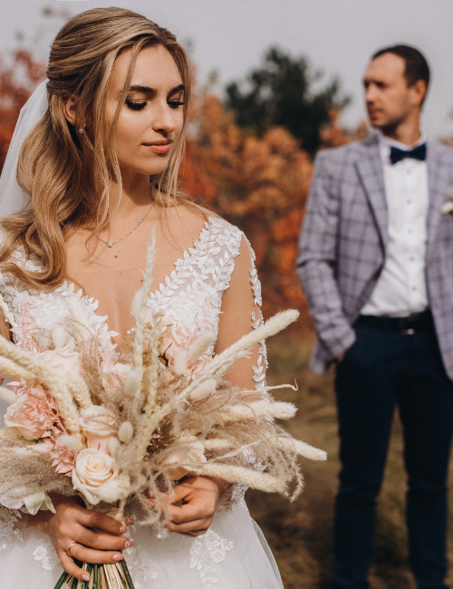 groom looking lovingly at bride