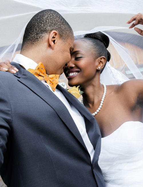 bride and groom embracing